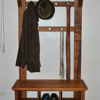 Julia's Hall Trees (Options: Old-Growth Redwood, Golden Hooks, 2 Rows Shoes Only, Transparent Premium Sealant). Custom Design.