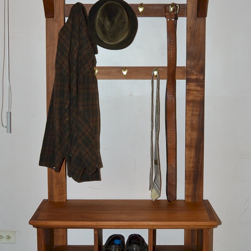Julia's Hall Tree (Options: Old-Growth Redwood, Golden Hooks, 2 Rows Shoes Only, Transparent Premium Sealant). Custom Design. Julia's Hall Tree (Options: Old-Growth Redwood, Golden Hooks, 2 Rows Shoes Only, Transparent Premium Sealant). Custom Design.