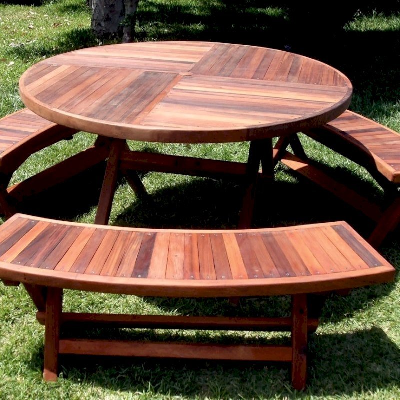 Karyn's Redwood Round Folding Picnic Table (Options: Arc Benches, Old-Growth Redwood, 3 Folding Arc Benches, Seamless Tabletop, Checkerboard Design Tabletop, Umbrella Hole & Plug, Transparent Premium Sealant). Karyn's Redwood Round Folding Picnic Table (Options: Arc Benches, Old-Growth Redwood, 3 Folding Arc Benches, Seamless Tabletop, Checkerboard Design Tabletop, Umbrella Hole & Plug, Transparent Premium Sealant).