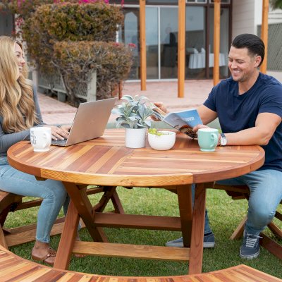 Karyn's Redwood Round Folding Picnic Table (Options: Arc Picnic Benches, California Redwood, 3 Arc Folding Benches, Standard Tabletop, Checkerboard, No Umbrella Hole, Transparent Premium Sealant).