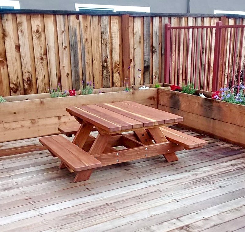 Custom Kid Size Wood Picnic Table (Attached Benches) (Options: California Redwood, No Umbrella, Standard Top, Custom End Bench, Transparent Premium Sealant). Photo Courtesy of T. Becker of San Jose, CA. Custom Kid Size Wood Picnic Table (Attached Benches) (Options: California Redwood, No Umbrella, Standard Top, Custom End Bench, Transparent Premium Sealant). Photo Courtesy of T. Becker of San Jose, CA.