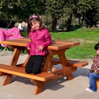 Kid Size Wood Picnic Table (Attached Benches) (Options: California Redwood, No Umbrella, Standard Top, Transparent Premium Sealant) and Mini Foot Stool.