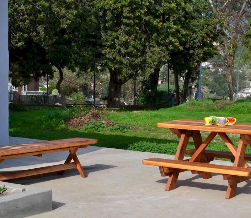 Kid Size Wood Picnic Table (Attached Benches) (Options: California Redwood, No Umbrella, Standard Top, Transparent Premium Sealant) and Folding Bench. Kid Size Wood Picnic Table (Attached Benches) (Options: California Redwood, No Umbrella, Standard Top, Transparent Premium Sealant) and Folding Bench.