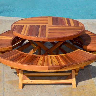 Kid's Arc Folding Benches with a Matching Kid's Round Folding Table (Options: California Redwood, Transparent Premium Sealant).