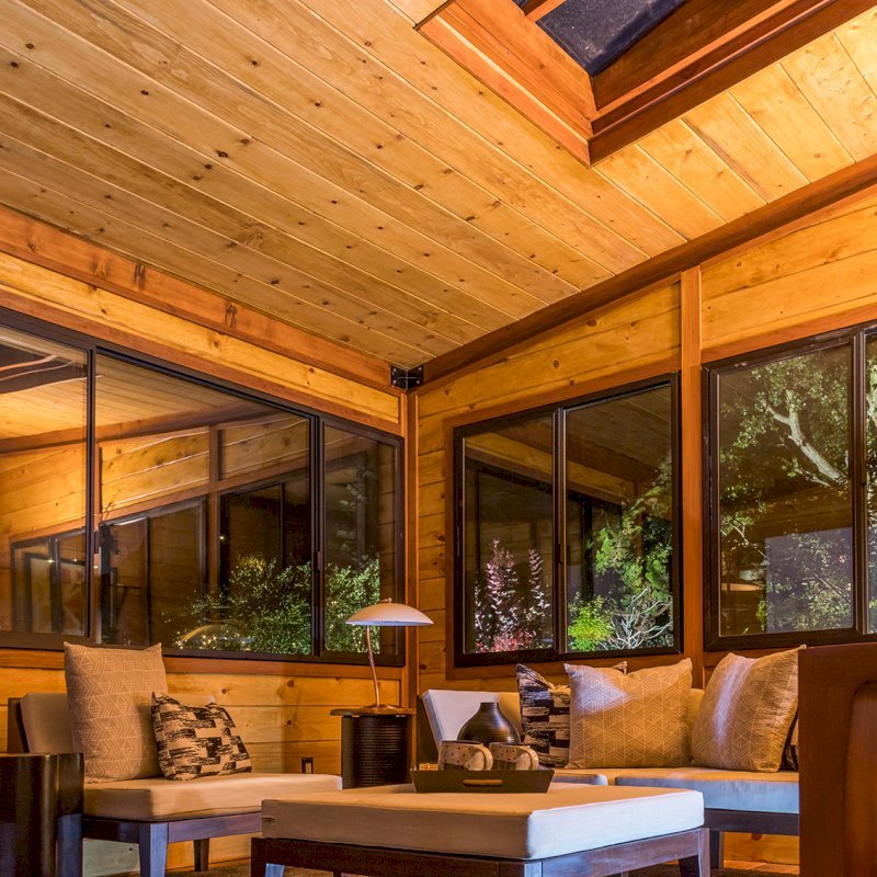 Custom Backyard Cabin (Options: 18' L, 16' W, California Redwood, Sugar Pine Internal Walls and Ceiling, Windows Purchased Locally, With 2 3' x 5' Skylights, Custom Roof, Horizontal Siding, Custom French Door without Screens, Complete Floor & Deck, Custom Railings and Steps, Electrical Wire Trim on the Walls, Transparent Premium Sealant). Photo Courtesy of A. Ramon of South San Francisco, California. Custom Backyard Cabin (Options: 18' L, 16' W, California Redwood, Sugar Pine Internal Walls and Ceiling, Windows Purchased Locally, With 2 3' x 5' Skylights, Custom Roof, Horizontal Siding, Custom French Door without Screens, Complete Floor & Deck, Custom Railings and Steps, Electrical Wire Trim on the Walls, Transparent Premium Sealant). Photo Courtesy of A. Ramon of South San Francisco, California.