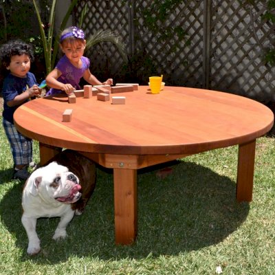 Kid's Round Outdoor Wood Table (Options: 5' Diameter, No Seating, California Redwood, Seamless Tabletop, Transparent Premium Sealant). 
