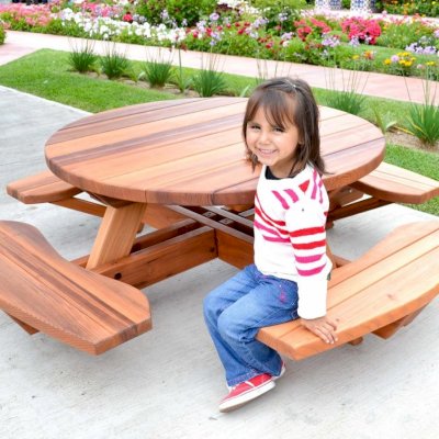 Kid's Round Wood Picnic Table Kit (Options: California Redwood, No Umbrella Hole, Standard Tabletop, No ADA, Transparent Premium Sealant).