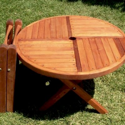 CHAIRS FOLD UP COMPACTLY: Small Kid's 33" Folding Table with Two Kid's Wooden Folding Chair (Options: Mature Redwood, No Cushions, Transparent Premium Sealant)