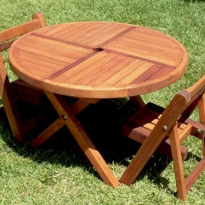 CHAIRS CAN BE PURCHASED ALONE OR AS PART OF TABLE SET: Small Kid's 33" Folding Table with Two Kid's Wooden Folding Chair (Options: Mature Redwood, No Cushions, Transparent Premium Sealant)