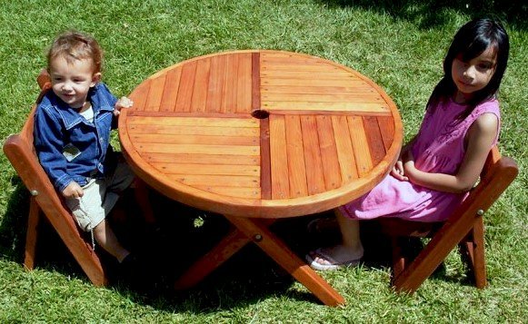 Small Kid's 33" Folding Table with Two Kid's Folding Chairs (Options: Mature Redwood, No Cushions, Transparent Premium Sealant) Small Kid's 33" Folding Table with Two Kid's Folding Chairs (Options: Mature Redwood, No Cushions, Transparent Premium Sealant)