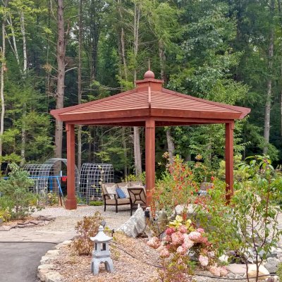 Kikue's Pavilion (Options: 14 ft L x 14 ft W, California Redwood, 4-Post Anchor Kit for High-Wind, Electrical Wiring Trim Kit for 1 Post, Coffee-Stain Premium Sealant).