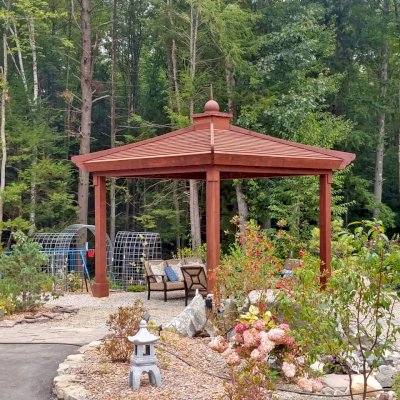 Kikue's Pavilion (Options: 14 ft L x 14 ft W, California Redwood, 4-Post Anchor Kit for High-Wind, Electrical Wiring Trim Kit for 1 Post, Coffee-Stain Premium Sealant).