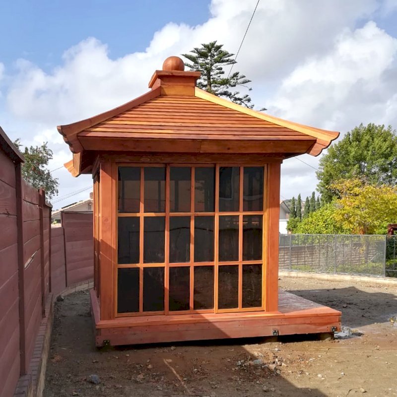 Kikue's Tea House (Options: 8 ft L x 8 ft W, Standard Wood Roof, California Redwood, No Electrical Wiring Trim, Interior Decking, Transparent Premium Sealant). Photo Courtesy of B. Jacobson of La Mesa, California. Kikue's Tea House (Options: 8 ft L x 8 ft W, Standard Wood Roof, California Redwood, No Electrical Wiring Trim, Interior Decking, Transparent Premium Sealant). Photo Courtesy of B. Jacobson of La Mesa, California.