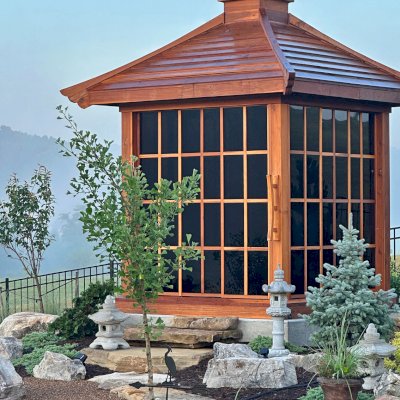 Kikue's Tea House (Options: 8 ft L x 8 ft W, 7' Wall Height, Shiplap Roof, 3 Sliding Walls And One Fixed Wood Wall, California Redwood, No Electrical Wiring Trim, With Interior Decking, Transparent Premium Sealant). Photo Courtesy of L. Childress of Radford, VA.