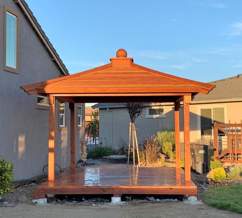 Custom Kikue's Tea House (Options: 12 ft L x 10 ft W, Standard Wood Roof, California Redwood, No Electrical Wiring Trim, Interior and External Decking, No Sliding Wall Panels by Custom Request, Transparent Premium Sealant). Photo Courtesy of R. Cooper of Rio Vista, California. Custom Kikue's Tea House (Options: 12 ft L x 10 ft W, Standard Wood Roof, California Redwood, No Electrical Wiring Trim, Interior and External Decking, No Sliding Wall Panels by Custom Request, Transparent Premium Sealant). Photo Courtesy of R. Cooper of Rio Vista, California.
