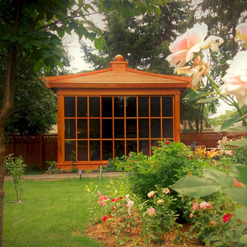 Kikue's Tea House (Options: 14 ft L x 10 ft W, Standard Wood Roof, Douglas-fir, No Electrical Wiring Trim, Interior Decking, Transparent Premium Sealant). Photo Courtesy of G. Haugen of Jamestown, North Dakota. Kikue's Tea House (Options: 14 ft L x 10 ft W, Standard Wood Roof, Douglas-fir, No Electrical Wiring Trim, Interior Decking, Transparent Premium Sealant). Photo Courtesy of G. Haugen of Jamestown, North Dakota.