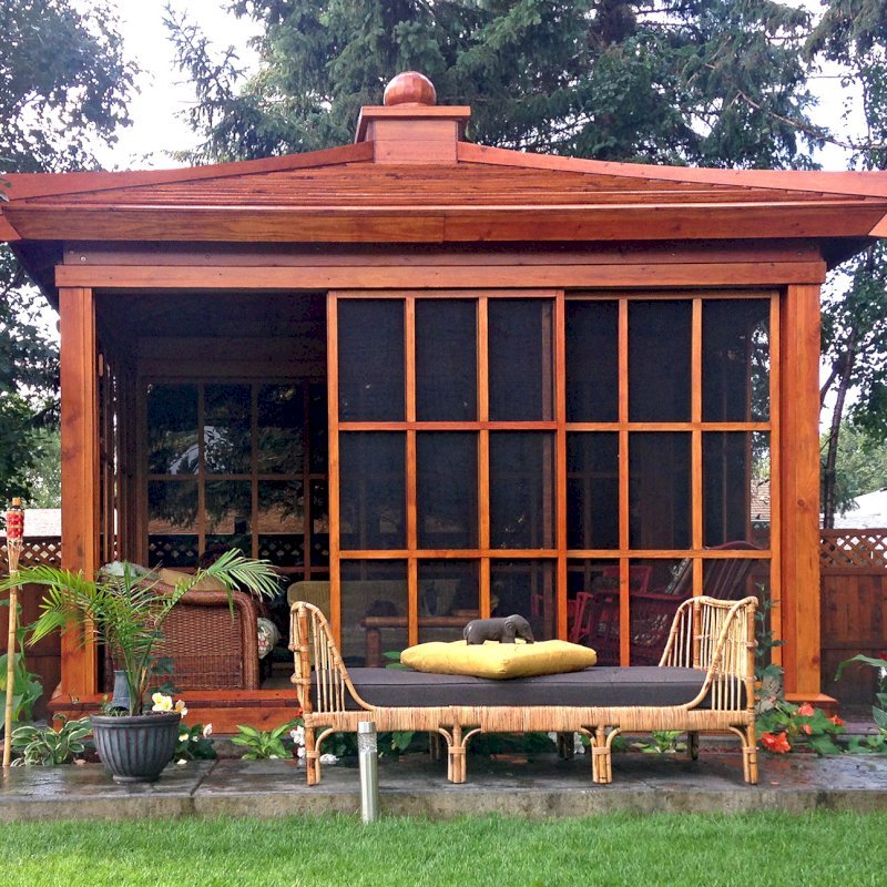 Kikue's Tea House (Options: 14 ft L x 10 ft W, Standard Wood Roof, Douglas-fir, No Electrical Wiring Trim, Interior Decking, Transparent Premium Sealant). Photo Courtesy of G. Haugen of Jamestown, North Dakota. Kikue's Tea House (Options: 14 ft L x 10 ft W, Standard Wood Roof, Douglas-fir, No Electrical Wiring Trim, Interior Decking, Transparent Premium Sealant). Photo Courtesy of G. Haugen of Jamestown, North Dakota.
