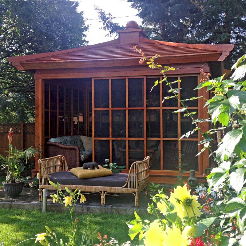 Kikue's Tea House (Options: 14 ft L x 10 ft W, Standard Wood Roof, Douglas-fir, No Electrical Wiring Trim, Interior Decking, Transparent Premium Sealant). Photo Courtesy of G. Haugen of Jamestown, North Dakota. Kikue's Tea House (Options: 14 ft L x 10 ft W, Standard Wood Roof, Douglas-fir, No Electrical Wiring Trim, Interior Decking, Transparent Premium Sealant). Photo Courtesy of G. Haugen of Jamestown, North Dakota.