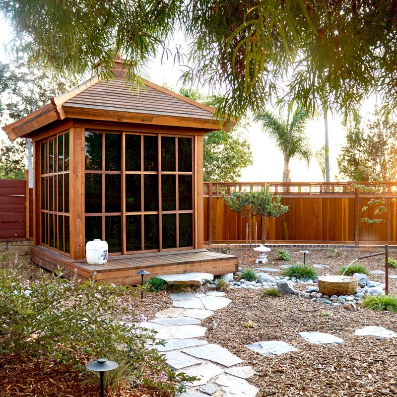 Kikue's Tea House (Options: 8 ft L x 8 ft W, Standard Wood Roof, California Redwood, No Electrical Wiring Trim, Interior Decking, Transparent Premium Sealant). Photo Courtesy of B. Jacobson of La Mesa, California. Kikue's Tea House (Options: 8 ft L x 8 ft W, Standard Wood Roof, California Redwood, No Electrical Wiring Trim, Interior Decking, Transparent Premium Sealant). Photo Courtesy of B. Jacobson of La Mesa, California.