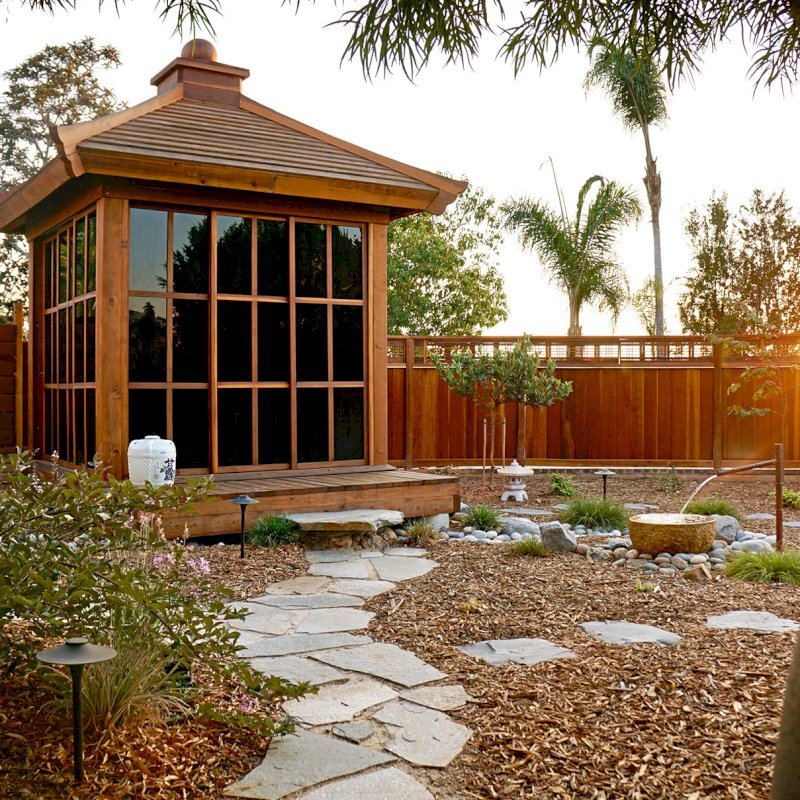 Kikue's Tea House (Options: 8 ft L x 8 ft W, Standard Wood Roof, California Redwood, No Electrical Wiring Trim, Interior Decking, Transparent Premium Sealant). Photo Courtesy of B. Jacobson of La Mesa, California. Kikue's Tea House (Options: 8 ft L x 8 ft W, Standard Wood Roof, California Redwood, No Electrical Wiring Trim, Interior Decking, Transparent Premium Sealant). Photo Courtesy of B. Jacobson of La Mesa, California.