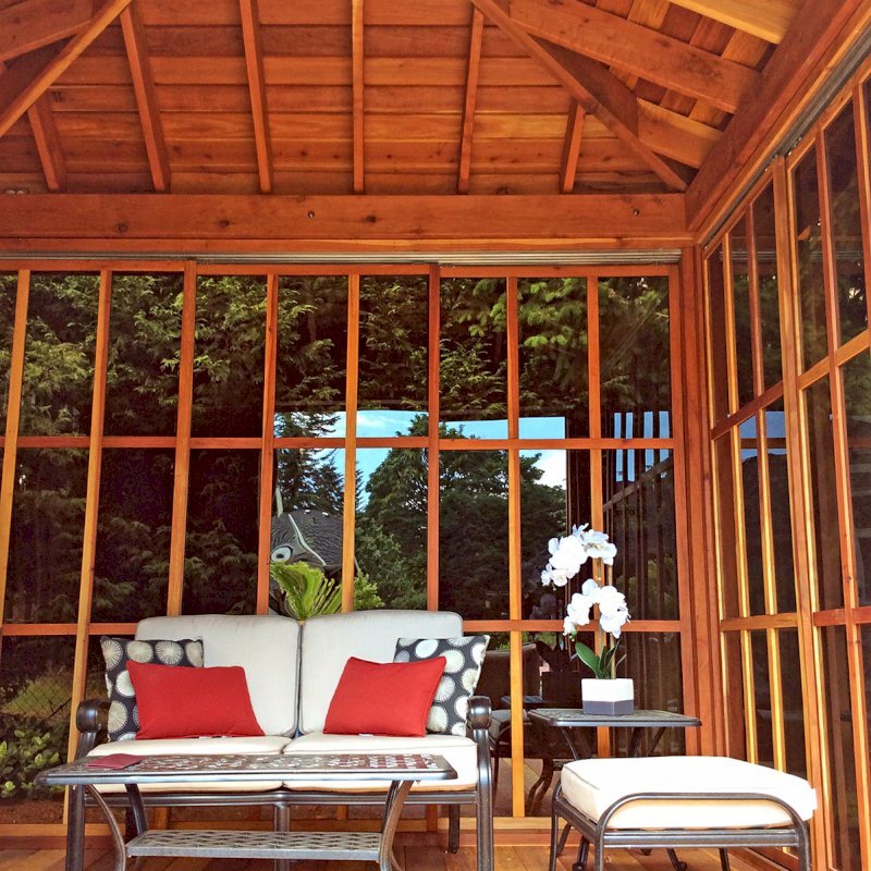 Kikue's Tea House - Interior View (Options: 12ft L x 10ft W, California Redwood, with Door Handle, Interior Decking with External Decking (up to 3'), Transparent Premium Sealant). Kikue's Tea House - Interior View (Options: 12ft L x 10ft W, California Redwood, with Door Handle, Interior Decking with External Decking (up to 3'), Transparent Premium Sealant).