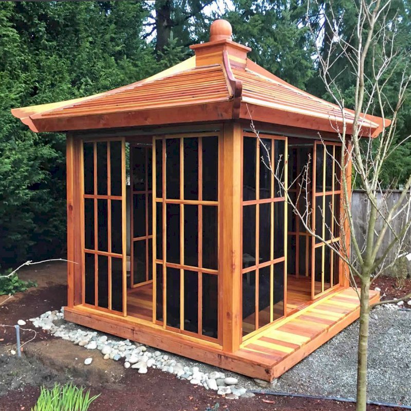 Kikue's Tea House (Options: 12ft L x 10ft W, California Redwood, with Door Handle, Interior Decking with External Decking (up to 3'), Transparent Premium Sealant). Kikue's Tea House (Options: 12ft L x 10ft W, California Redwood, with Door Handle, Interior Decking with External Decking (up to 3'), Transparent Premium Sealant).