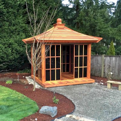 Kikue's Tea House (Options: 12ft L x 10ft W, California Redwood, with Door Handle, Interior Decking with External Decking (up to 3'), Transparent Premium Sealant).