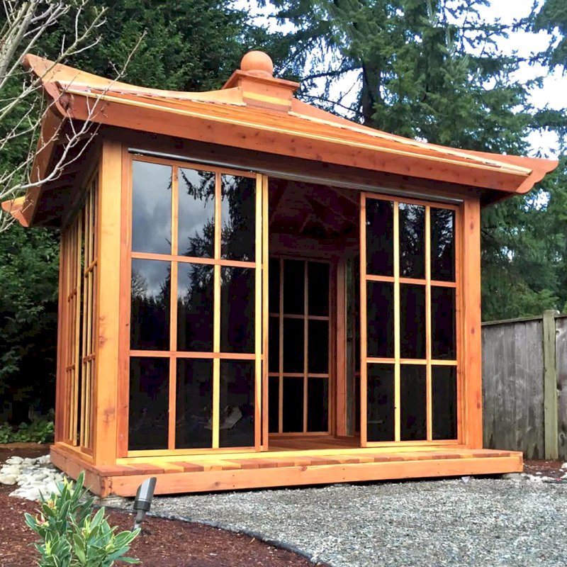 Kikue's Tea House (Options: 12ft L x 10ft W, California Redwood, with Door Handle, Interior Decking with External Decking (up to 3'), Transparent Premium Sealant). Kikue's Tea House (Options: 12ft L x 10ft W, California Redwood, with Door Handle, Interior Decking with External Decking (up to 3'), Transparent Premium Sealant).