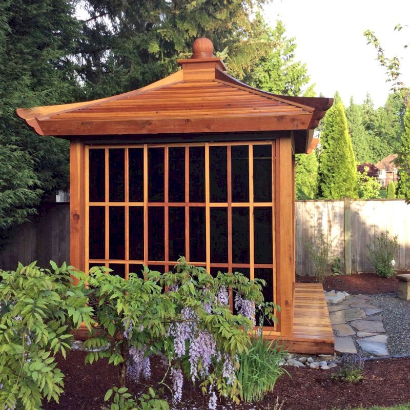 Kikue's Tea House (Options: 12ft L x 10ft W, California Redwood, with Door Handle, Interior Decking with External Decking (up to 3'), Transparent Premium Sealant). Kikue's Tea House (Options: 12ft L x 10ft W, California Redwood, with Door Handle, Interior Decking with External Decking (up to 3'), Transparent Premium Sealant).