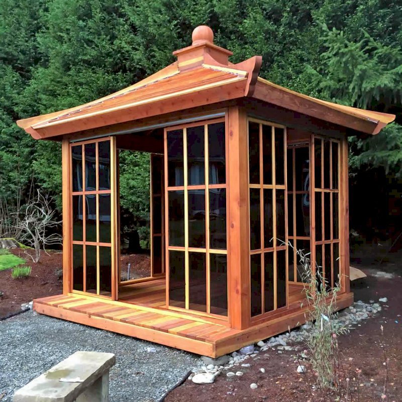 Kikue's Tea House (Options: 12ft L x 10ft W, California Redwood, with Door Handle, Interior Decking with External Decking (up to 3'), Transparent Premium Sealant). Kikue's Tea House (Options: 12ft L x 10ft W, California Redwood, with Door Handle, Interior Decking with External Decking (up to 3'), Transparent Premium Sealant).