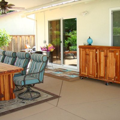 Kiyomi's Host Carts (Options: Custom Size, Mosaic Redwood, No Engraving, Transparent Premium Sealant). Photo Also Shows Trestle Table in Mosaic Redwood. Photo Courtesy of Robbi & Mike of Concorde, CA.