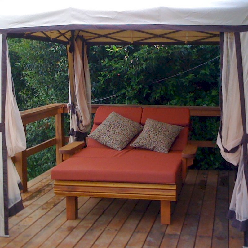 La Grange Redwood Lounger (Options: Double, California Redwood, Snack Trays on both sides, 15.5" H, Wheels, 3" Thick Cushion, 3 section cushion,Transparent Premium Sealant). Custom throw cushions available by request. Photo Courtesy of Ms. Ginny Walter of Mill Valley, CA. La Grange Redwood Lounger (Options: Double, California Redwood, Snack Trays on both sides, 15.5" H, Wheels, 3" Thick Cushion, 3 section cushion,Transparent Premium Sealant). Custom throw cushions available by request. Photo Courtesy of Ms. Ginny Walter of Mill Valley, CA.