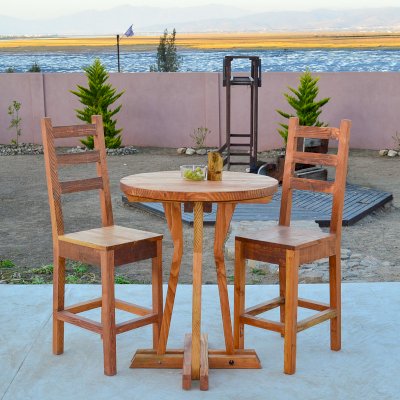 Ladderback Wooden Stool (Options: Douglas-fir, Without Arms, 29" H Seat, Rustic Finish, No Cushion, Transparent Premium Sealant) and Round Cocktail Table.