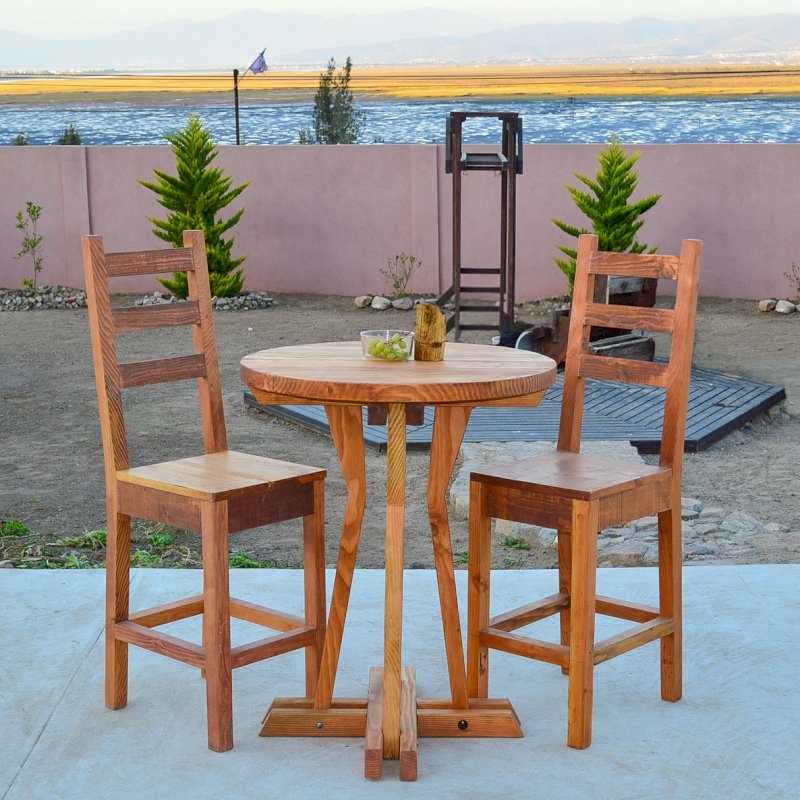 Ladderback Stools (Options: Douglas-fir, Without Arms, 29" H Seat, Rustic Finish, No Cushion, Transparent Premium Sealant) and Round Cocktail Table. Ladderback Stools (Options: Douglas-fir, Without Arms, 29" H Seat, Rustic Finish, No Cushion, Transparent Premium Sealant) and Round Cocktail Table.