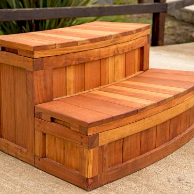 Laila's Storage Spa Step (Options: California Redwood, Angle to Fit Snugly for 9' Tub, No Engraving, Transparent Premium Sealant). 