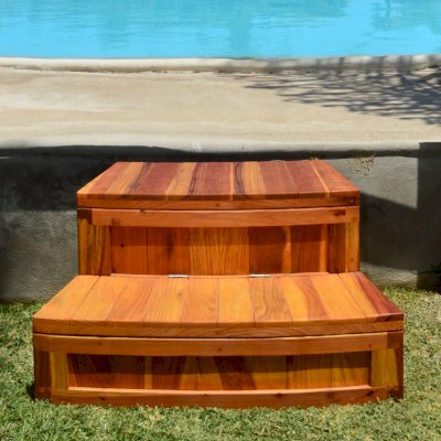 Custom Laila's Storage Spa Step (Options: California Redwood, Transparent Premium Sealant). Added Hinges by Custom Request. 