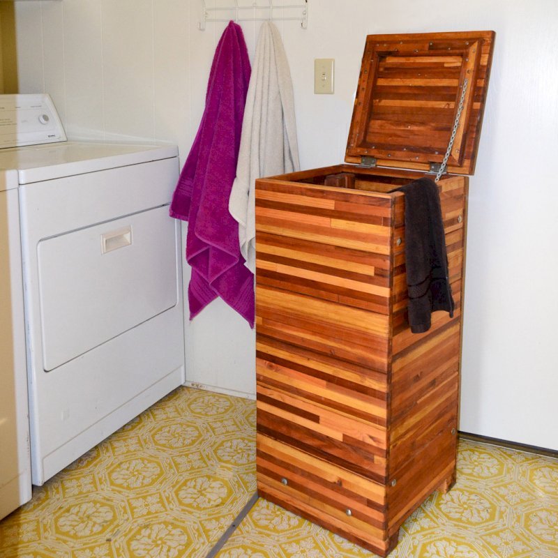 Laundry Hampers (Options: 18"W x 18"D x 36"H, Mosaic Eco-Wood, Attached Lid to Hamper, No Ventilation, No Casters, Transparent Premium Sealant) Laundry Hampers (Options: 18"W x 18"D x 36"H, Mosaic Eco-Wood, Attached Lid to Hamper, No Ventilation, No Casters, Transparent Premium Sealant)