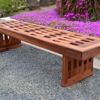 Lighthouse Garden Bench (Options: 7 ft L x 21 1/4 inches W x 18 1/2 inches H, Mature Redwood, No Cushion, No Engraving, Transparent Premium Sealant).