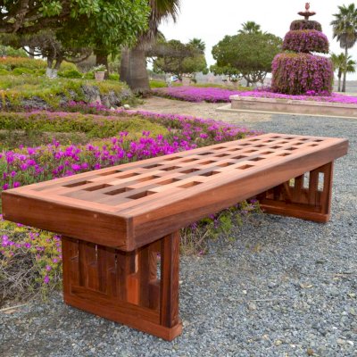 Lighthouse Garden Bench (Options: 7 ft L x 21 1/4 inches W x 18 1/2 inches H, Mature Redwood, No Cushion, No Engraving, Transparent Premium Sealant).