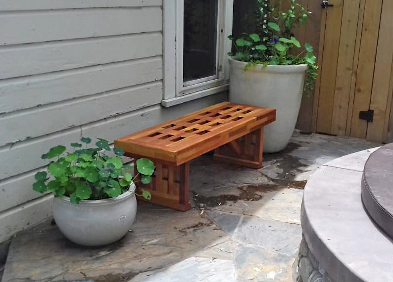 Lighthouse Garden Bench (Options: 4.5 ft L x 17 3/4 inches W x 17 inches H, Mosaic Eco-Wood, No Cushion, No Engraving, Transparent Premium Sealant). Photo Courtesy of T. D. Kenyon of Ashland, Oregon. Lighthouse Garden Bench (Options: 4.5 ft L x 17 3/4 inches W x 17 inches H, Mosaic Eco-Wood, No Cushion, No Engraving, Transparent Premium Sealant). Photo Courtesy of T. D. Kenyon of Ashland, Oregon.