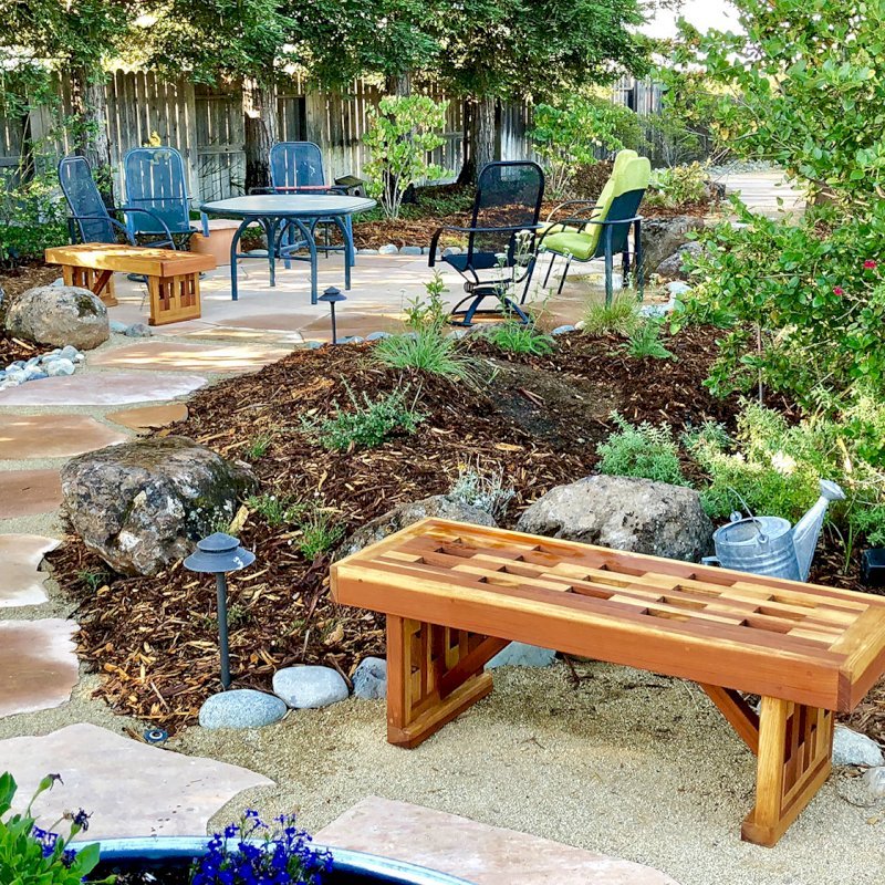 Lighthouse Garden Benches (Options: 4 ft L x 17 3/4 inches W x 17 inches H, California Redwood, No Cushion, No Engraving, Transparent Premium Sealant). Photo Courtesy of T. Bauer of Sacramento, CA. Lighthouse Garden Benches (Options: 4 ft L x 17 3/4 inches W x 17 inches H, California Redwood, No Cushion, No Engraving, Transparent Premium Sealant). Photo Courtesy of T. Bauer of Sacramento, CA.