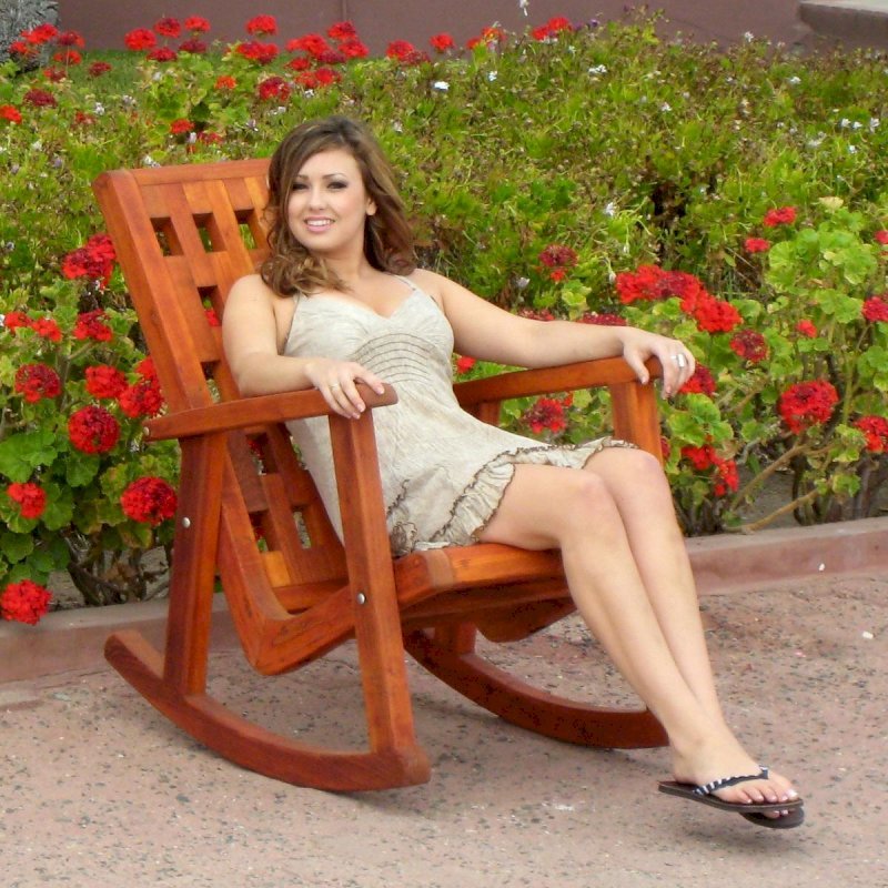 Lighthouse Rocking Chair (Options: California Redwood, No Cushion, Transparent Premium Sealant). Model: Ms. Hayley Hall of Santa Rosa, CA. Lighthouse Rocking Chair (Options: California Redwood, No Cushion, Transparent Premium Sealant). Model: Ms. Hayley Hall of Santa Rosa, CA.
