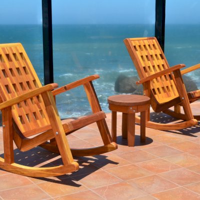 2 The Lighthouse Rocking Chair (Options: California Redwood, No Cushion, Transparent Premium Sealant). Photo also shows Round Side Table. 