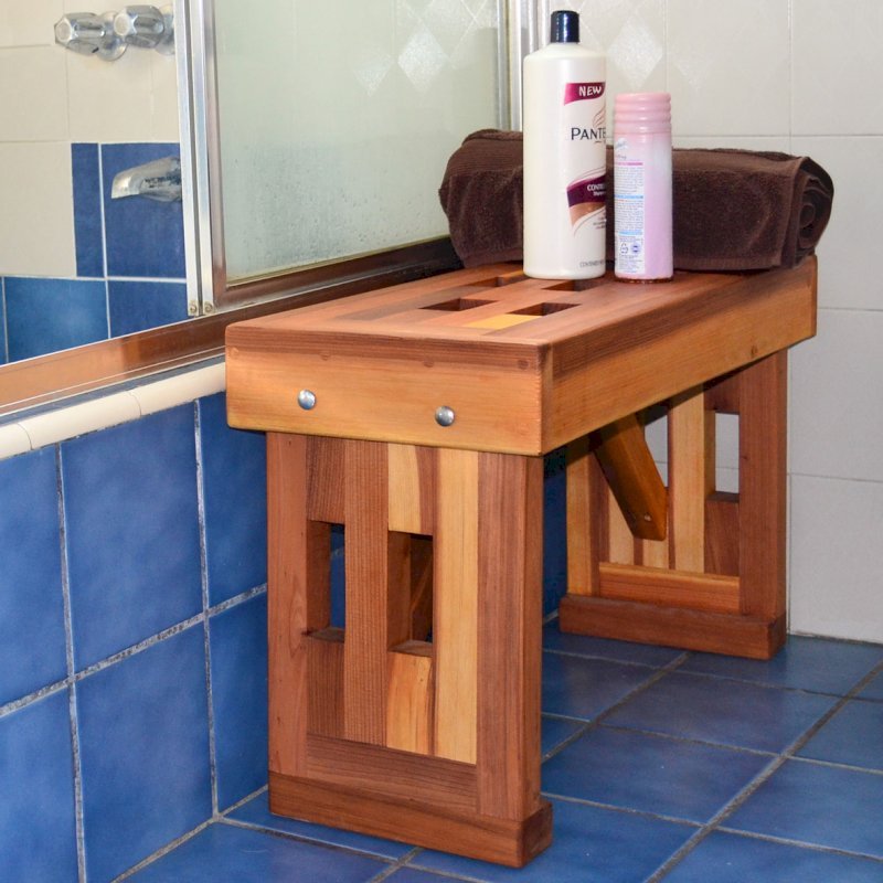 Lighthouse Wooden Shower Bench (Options: 2 1/2 ft L x 12 1/2" W x 18 1/2" H, California Redwood, No Engraving, Transparent Premium Sealant). Lighthouse Wooden Shower Bench (Options: 2 1/2 ft L x 12 1/2" W x 18 1/2" H, California Redwood, No Engraving, Transparent Premium Sealant).