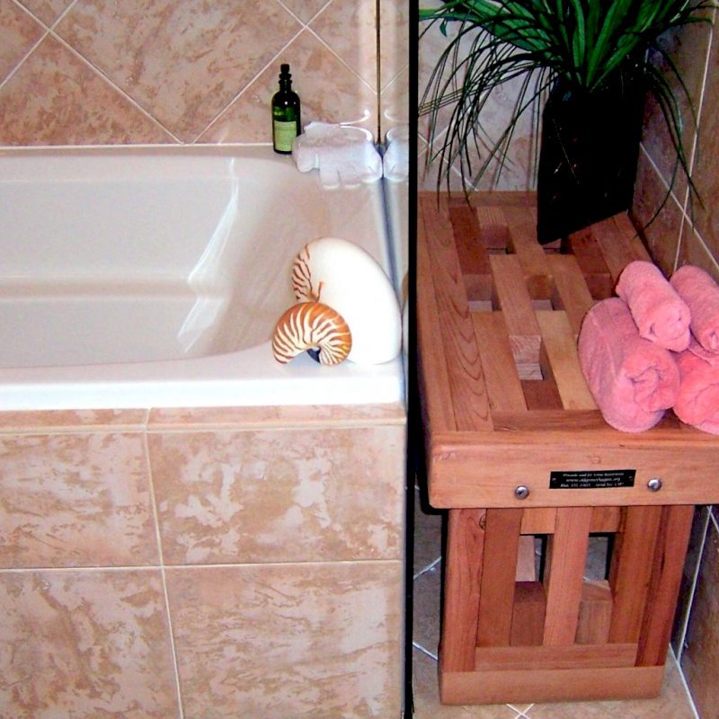 Lighthouse Wooden Shower Bench (Options: 2 1/2 ft L x 17 3/4" W x 17 H, Mature Redwood, No Engraving, Unfinished). Lighthouse Wooden Shower Bench (Options: 2 1/2 ft L x 17 3/4" W x 17 H, Mature Redwood, No Engraving, Unfinished).
