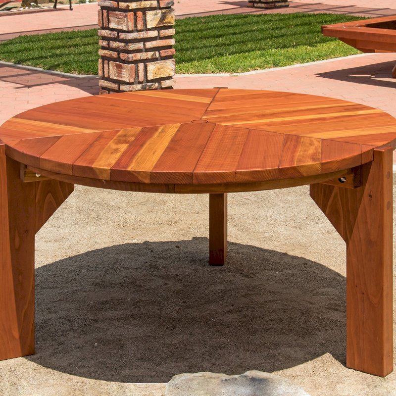 Lisa's Retro Outdoor Patio Table (Options: 5' Diameter, No Seating, California Redwood, Standard Tabletop, No Lazy Susan, 2" Diameter Umbrella Hole, Transparent Premium Sealant). Photo Courtesy of D. Culbert of Carson City, Nevada. Lisa's Retro Outdoor Patio Table (Options: 5' Diameter, No Seating, California Redwood, Standard Tabletop, No Lazy Susan, 2" Diameter Umbrella Hole, Transparent Premium Sealant). Photo Courtesy of D. Culbert of Carson City, Nevada.