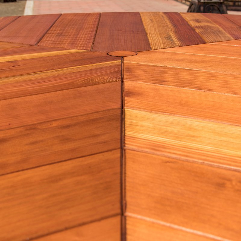 Lisa's Retro Outdoor Patio Table (Options: 5' Diameter, No Seating, California Redwood, Standard Tabletop, No Lazy Susan, 2" Diameter Umbrella Hole, Transparent Premium Sealant). Photo Courtesy of D. Culbert of Carson City, Nevada. Lisa's Retro Outdoor Patio Table (Options: 5' Diameter, No Seating, California Redwood, Standard Tabletop, No Lazy Susan, 2" Diameter Umbrella Hole, Transparent Premium Sealant). Photo Courtesy of D. Culbert of Carson City, Nevada.