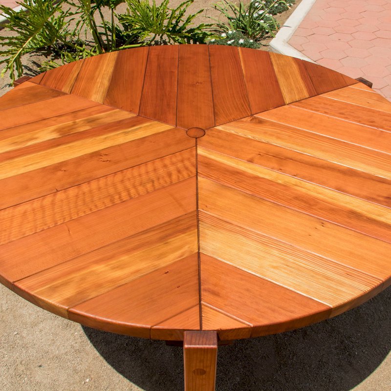 Lisa's Retro Outdoor Patio Table (Options: 5' Diameter, No Seating, California Redwood, Standard Tabletop, No Lazy Susan, 2" Diameter Umbrella Hole, Transparent Premium Sealant). Photo Courtesy of D. Culbert of Carson City, Nevada. Lisa's Retro Outdoor Patio Table (Options: 5' Diameter, No Seating, California Redwood, Standard Tabletop, No Lazy Susan, 2" Diameter Umbrella Hole, Transparent Premium Sealant). Photo Courtesy of D. Culbert of Carson City, Nevada.