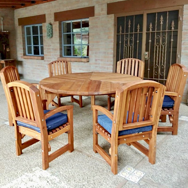 Lisa's Retro Outdoor Patio Table (Options: 5.5' Diameter, Chairs, Mature Redwood, with 6 Luna Armchairs, No Cushions, Standard Tabletop, No Lazy Susan, No Umbrella Hole, Transparent Premium Sealant). Photo Courtesy of T. Hoch of Tucson, Arizona. Lisa's Retro Outdoor Patio Table (Options: 5.5' Diameter, Chairs, Mature Redwood, with 6 Luna Armchairs, No Cushions, Standard Tabletop, No Lazy Susan, No Umbrella Hole, Transparent Premium Sealant). Photo Courtesy of T. Hoch of Tucson, Arizona.