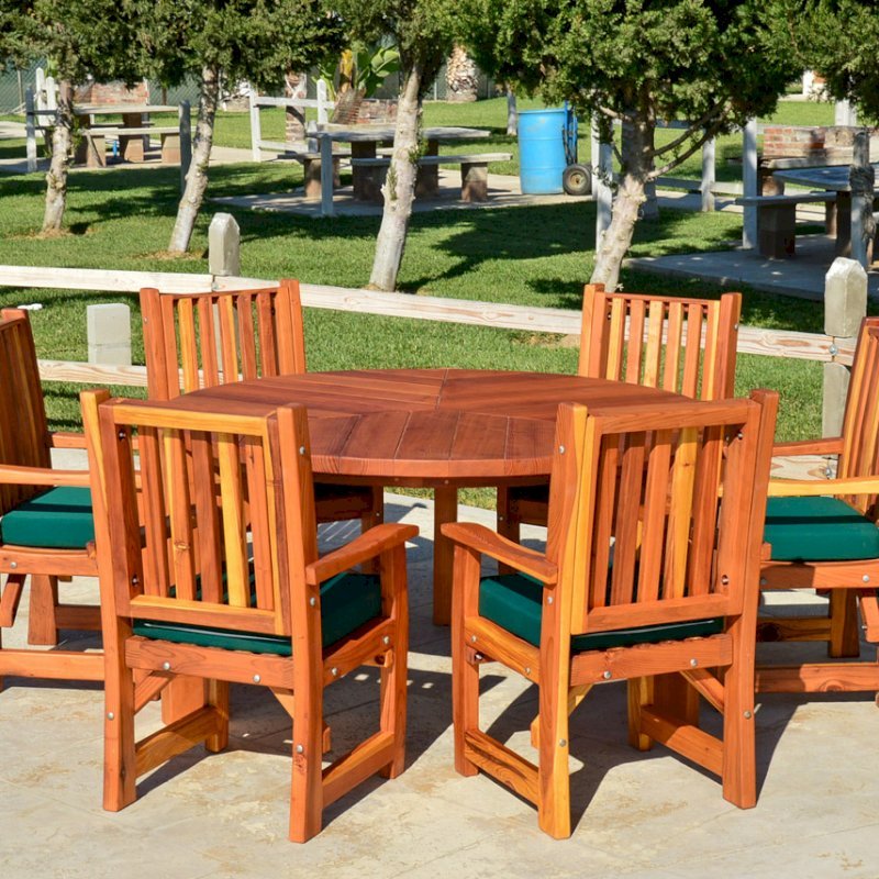 Lisa's Retro Outdoor Patio Table (Options: 5' Diameter, Chairs, California Redwood, with 6 Ruth Armchairs with Forest Green Cushions, Standard Tabletop, No Lazy Susan, No Umbrella Hole, Transparent Premium Sealant). Lisa's Retro Outdoor Patio Table (Options: 5' Diameter, Chairs, California Redwood, with 6 Ruth Armchairs with Forest Green Cushions, Standard Tabletop, No Lazy Susan, No Umbrella Hole, Transparent Premium Sealant).